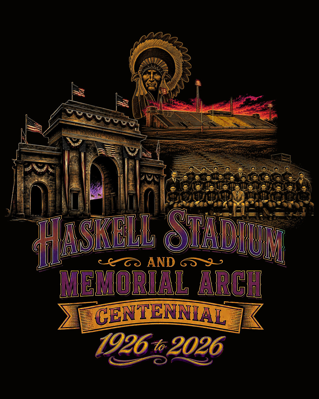 Haskell Stadium/Arch 100 Years Celebration Black TEE