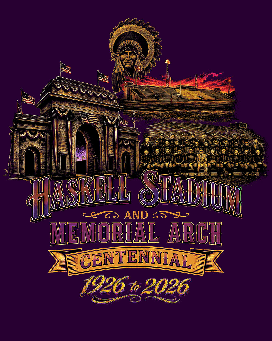Haskell Stadium/Arch 100 Years Celebration Purple TEE